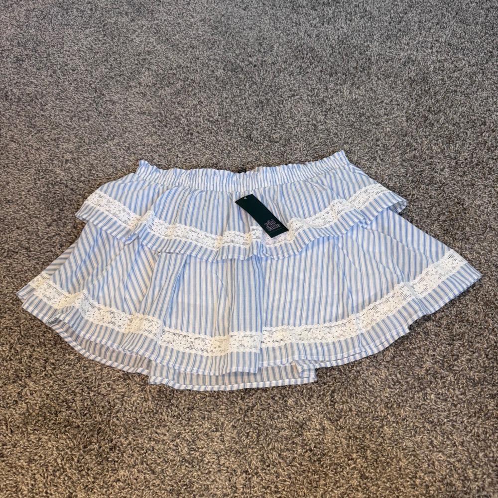 NWT Blue Ruffle Tiered Skort Skirt Striped Floral Lace Trim Sz Medium Wild Fable - Picture 2 of 9